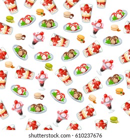 Very high quality original trendy seamless pattern with strawberry, cherry and mint ice cream in a glass