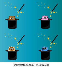 Very high quality original trendy vector set of magic hat with cat and wand with sparkles