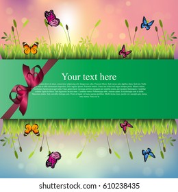 Very high quality original trendy banner with grass, chamomile, butterfly and realistic ribbon