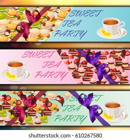 Very high quality original trendy vector banner set with sweets and cup of tea