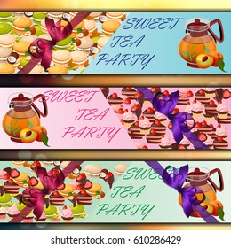 Very high quality original trendy vector banner set with sweets and teapot