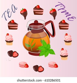 Very high quality original trendy vector illustration of teapot with mint tea and strawberry sweets