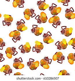 Very high quality original trendy vector seamless pattern teapot with orange and lemon tea