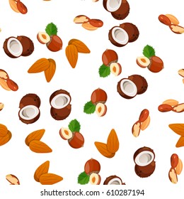 Very high quality original trendy vector seamless pattern with almonds, coconut and hazelnut
