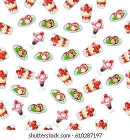 Very high quality original trendy seamless pattern with strawberry, cherry and mint ice cream in a glass