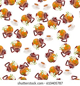 Very high quality original trendy vector seamless pattern teapot with chamomile tea