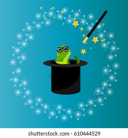 Very high quality original trendy vector illustration of magic hat with crocodile or alligator and wand with sparkles