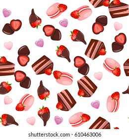 Very high quality original trendy vector seamless pattern with a strawberry in chocolate and macaroons