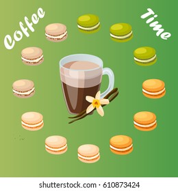 Very high quality original trendy vector illustration cup of vanilla coffee and macaroons cookie