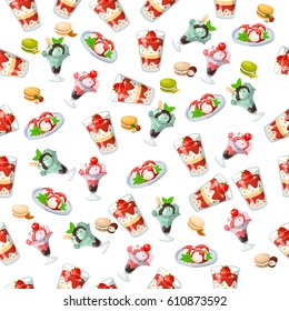 Very high quality original trendy seamless pattern with strawberry, cherry and mint ice cream in a glass