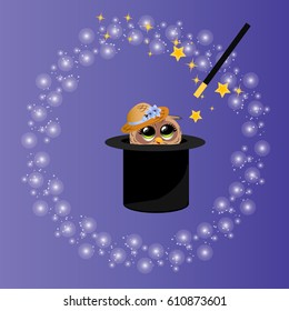 Very high quality original trendy vector illustration of magic hat with owl in hat and wand with sparkles