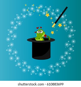 Very high quality original trendy vector illustration of magic hat with romantic crocodile or alligator and wand with sparkles