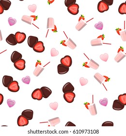 Very high quality original trendy vector seamless pattern with a strawberry in chocolate and milkshake