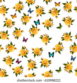 Very high quality original trendy realistic vector seamless pattern with rose bush or bouquet of roses and butterfly