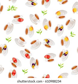 Very high quality original trendy vector seamless pattern tea cup with plum and strawberry, orange