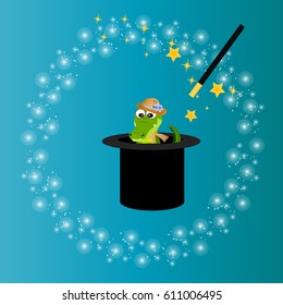 Very high quality original trendy vector illustration of magic hat with crocodile or alligator and wand with sparkles