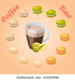 Very high quality original trendy vector illustration cup of pistachio coffee and macaroons cookie
