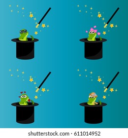 Very high quality original trendy vector set of magic hat with romantic crocodile or alligator and wand with sparkles