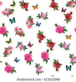 Very high quality original trendy realistic vector seamless pattern with rose bush or bouquet of roses and butterfly