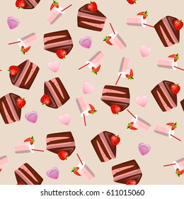 Very high quality original trendy vector seamless pattern with a strawberry chocolate cake and milkshake