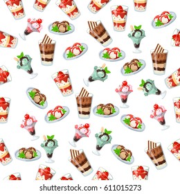 Very high quality original trendy seamless pattern with strawberry, cherry and mint ice cream in a glass