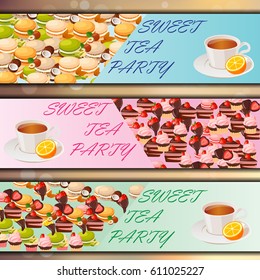 Very high quality original trendy vector banner set with sweets and cup of tea