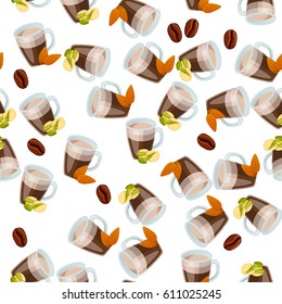 Very high quality original trendy vector seamless pattern with pistachio and almonds hot chocolate cup