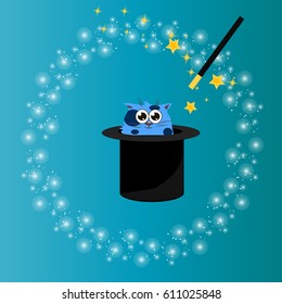 Very high quality original trendy vector illustration of magic hat with cat and wand with sparkles