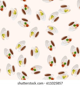 Very high quality original trendy vector seamless pattern with hazelnut and pistachio hot chocolate cup