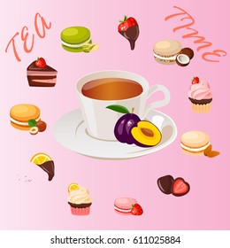 Very high quality original trendy vector illustration cup of plum tea and sweets