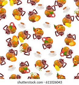 Very high quality original trendy vector seamless pattern teapot with peach, orange, lychee and lemon tea