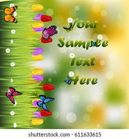 Very high quality original trendy illustration of grass with flowers, tulip and butterfly frame for text or card