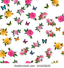 Very high quality original trendy realistic vector seamless pattern with rose bush or bouquet of roses and butterfly