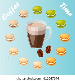 Very high quality original trendy vector illustration cup of coffee and macaroons cookie
