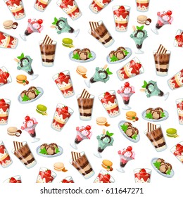 Very high quality original trendy seamless pattern with strawberry, cherry and mint ice cream in a glass