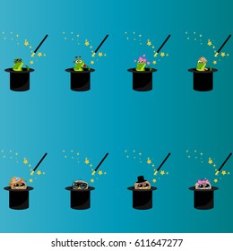 Very high quality original trendy vector set of magic hat with romantic crocodile and owl
