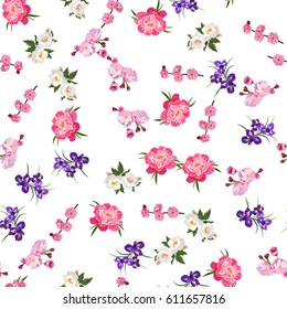 Very high quality original trendy realistic vector seamless pattern with rose bush or bouquet of roses, peony flower and iris flower. Spring or summer design