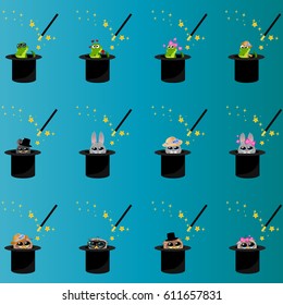 Very high quality original trendy vector set of magic hat with romantic crocodile, owl and rabbit or bunny