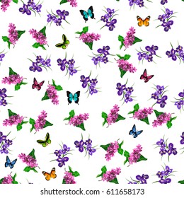 Very high quality original trendy vector seamless pattern with blooming lilac and iris flower. Spring or summer design