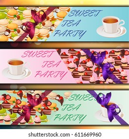 Very high quality original trendy vector banner set with sweets and cup of tea