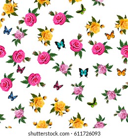 Very high quality original trendy realistic vector seamless pattern with rose bush or bouquet of roses and butterfly