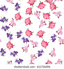 Very high quality original trendy vector seamless pattern with Purple Iris, peony and plum flowers