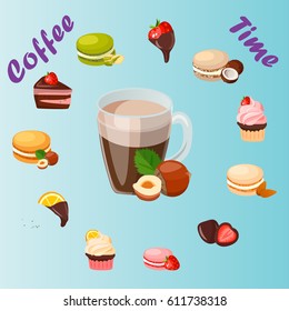 Very high quality original trendy vector illustration cup of hazelnut coffee and sweets