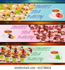 Very high quality original trendy vector banner set with sweets and cup of tea