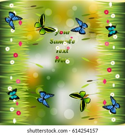 Very high quality original trendy illustration of grass with flowers and butterfly frame for text or card