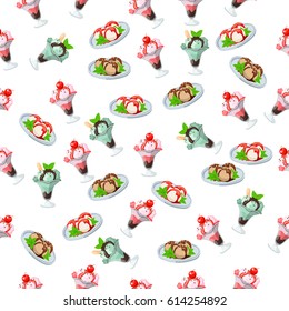 Very high quality original trendy seamless pattern with strawberry, cherry and mint ice cream in a glass