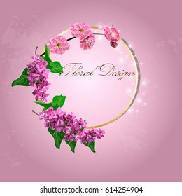 Very high quality original trendy vector illustration of Japanese plum blossom or red cherry flower and lilac flower in original floral template of invitation