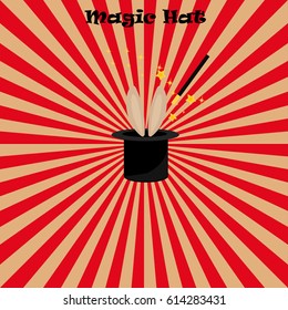 Very high quality original trendy vector illustration of magic hat, bunny ears and wand with sparkles