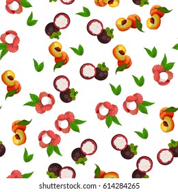 Very high quality original trendy vector seamless pattern with lychee, mangosteen, peach, exotic tropical fruit