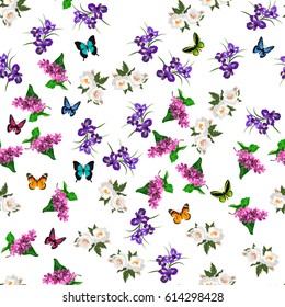 Very high quality original trendy realistic vector seamless pattern with rose bush or bouquet of roses, iris flower and lilac flower. Spring or summer design